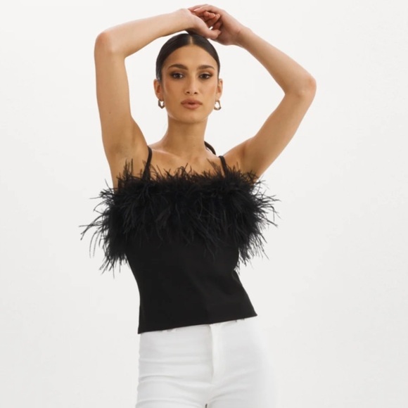 Lamarque Yarina Feather Trimmed Top Black Ostrich Feathers Size L - Picture 6 of 6
